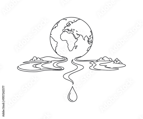 Earth's Water Connectivity. "Planet Earth and Fresh Water". Minimalistic one-line drawing globe connected to