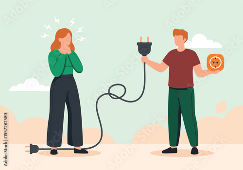 Man offering electrical connection solution to frustrated woman