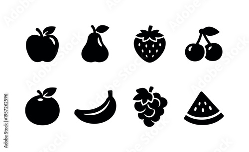 Seasonal Fruits. Filled icon set of Seasonal Fruits: apple, pear, strawberry, cherry, orange, banana, grape