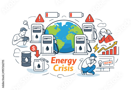 Global energy crisis and fuel shortage. A globe surrounded by empty fuel pumps, low battery icons, and warning