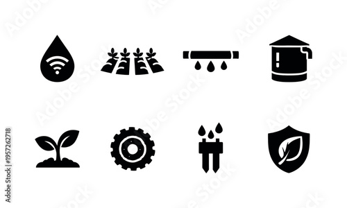 Smart Water Farming. Filled icon set of Smart Water Farming: smart irrigation drop, plant rows, drip tape,