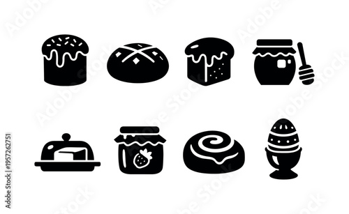 Traditional Easter Food. Filled icon set of Traditional Easter Food: artisan easter bread with topping, round