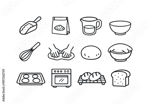 Bread baking steps. Line outline icon set of Bread baking steps: flour scoop, yeast packet, water jug, mixing