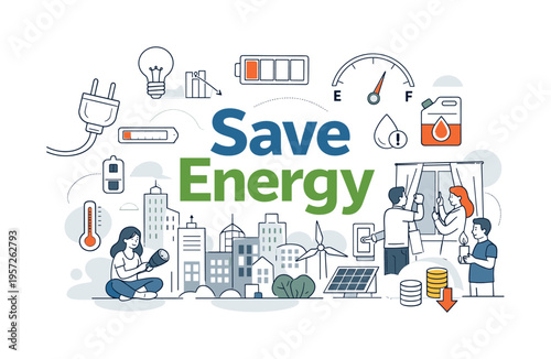 Energy shortage awareness. A city skyline powered by limited energy sources, with power plugs, batteries, and
