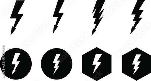 Lightning bolt icons, electricity symbol, energy power design, circular and hexagon variations, graphic elements, speed concept, vector illustration set