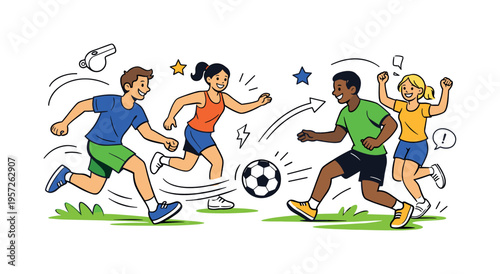 Team sports outdoors. Friends pass a soccer ball across a sunny park field, laughter and motion lines showing