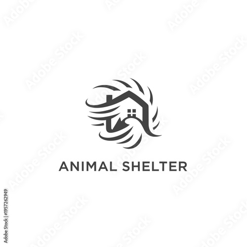 Dynamic animal shelter logo with house surrounded by swooshes representing movement care