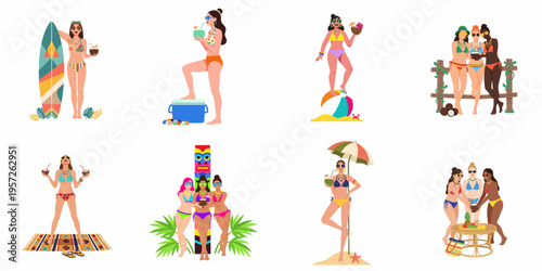 Set of diverse women in bikinis enjoying summer beach activities, drinking coconut cocktails, and relaxing under the sun in vibrant flat illustrations.