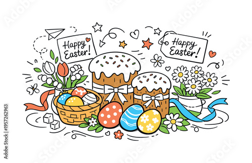 Seasonal spring holiday food composition. A bright arrangement of Easter bread, painted eggs, spring flowers,