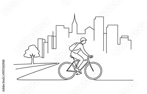"City Cycling Commute". Minimalistic one-line drawing cyclist riding a bicycle along a city street with simple