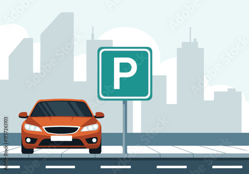 Flat design vector illustration of an orange car and parking sign in a city