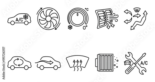 A collection of clean line art icons representing various car air conditioning functions, climate control, and auto repair, perfect for automotive and tech concepts.