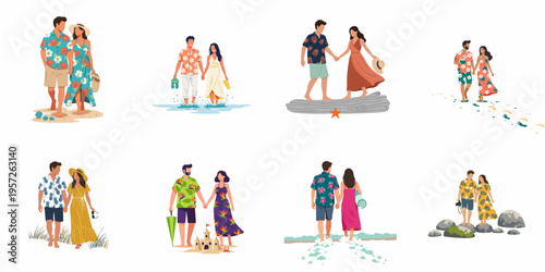 Vector illustration set of diverse couples enjoying various activities on a tropical beach vacation, wearing colorful floral and Hawaiian style summer outfits.