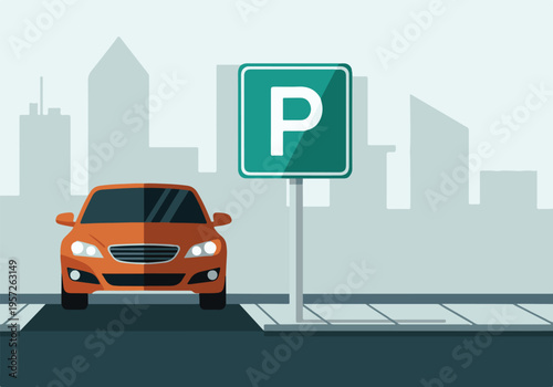 Orange car parked near a green parking sign in a city street, flat design