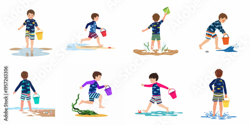 Set of cartoon illustrations of a young boy playing at the beach with a colorful bucket, wearing a shark print rash guard.