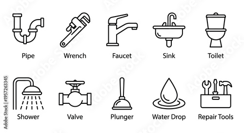 A collection of clean, minimalist line art icons representing various plumbing fixtures and tools, ideal for design projects related to home improvement or services.