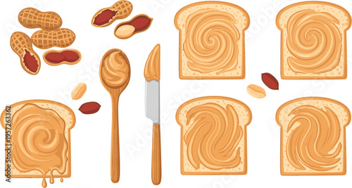 Peanut Butter Spread on Toast with Peanut and Knife Cartoon Vector Set for Food Preparation Illustration