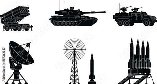 Military and defense equipment silhouette illustration, weaponry and communication artwork, modern warfare design concept, black and white vector template set