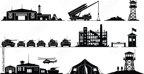 Military base and battlefield elements silhouette illustration, vehicles and structures artwork, defense design concept, black and white vector template set
