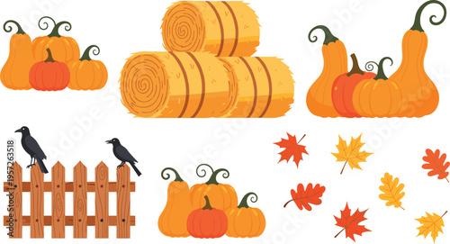 Autumn Harvest Pumpkins Hay Bales Wooden Fence Fall Leaves Crows Seasonal Thanksgiving Cartoon Illustration Set