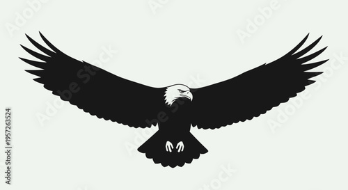Silhouette of a bald eagle with outstretched wings flying against a light background.