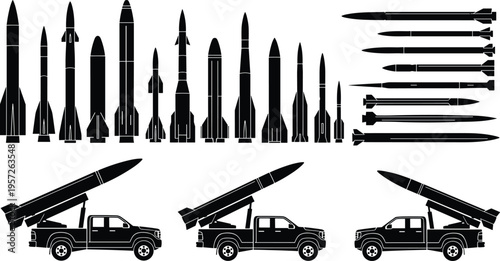 Military Missile System Collection Featuring Ballistic Rocket Silhouettes And Tactical Launch Vehicles For Defense War Conflict Aerospace Technology And Modern Armament Design