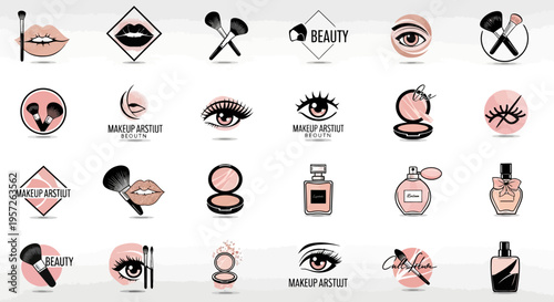 Beauty and Makeup Icons Collection: Lips, Eyes, Brushes, Perfume Bottles