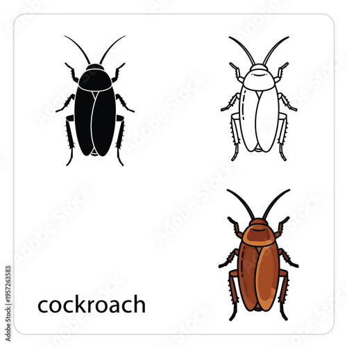 Cockroach vector icons set insect animal silhouette outline and color drawing isolated