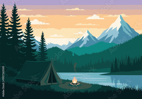 Peaceful camping scene at dusk with lake, forest, and snow-capped peaks