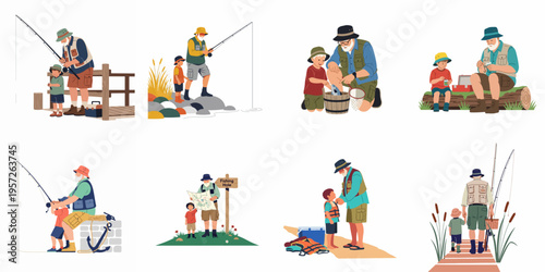 Collection of vector illustrations depicting a grandfather and grandson bonding during various outdoor fishing activities, including casting, catching, and preparing for adventure.