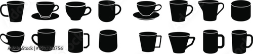 Coffee cup silhouettes set, mug and teacup collection, black vector drinkware icons isolated, cafe beverage elements for branding design