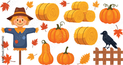 Halloween Autumn Harvest Scarecrow Pumpkin Hay Bales Fall Leaves Crow and Wooden Fence Cartoon Vector Set
