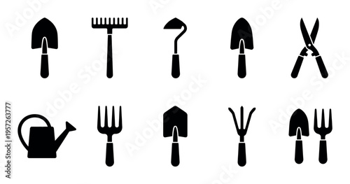 A clean, minimalist collection of black silhouette icons representing various gardening tools against a white background, ideal for design projects.