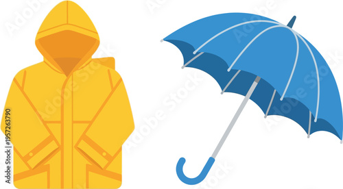 Yellow Raincoat and Blue Umbrella Rain Gear Set

Waterproof Clothing Raincoat and Umbrella Illustration

Rain Protection Gear Yellow Poncho and Umbrella
