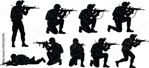 Military soldiers silhouette set with tactical infantry squad in combat poses isolated on white background army vector illustration collection set.