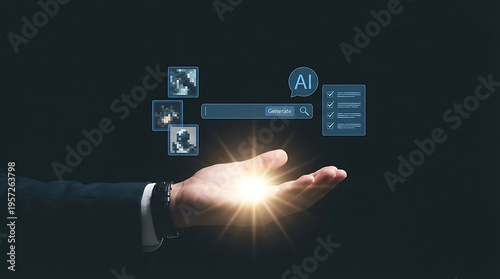 Businessman presenting artificial intelligence technology concept with hand outstretched, ai generate icons and search bar on dark background.