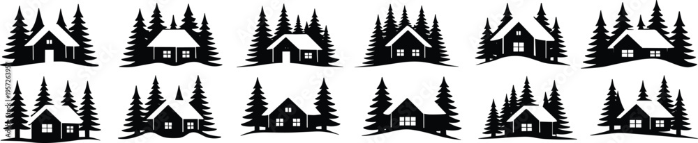 Obraz premium Winter cabin silhouettes set, forest house collection, pine tree landscape scenes, black vector cottages isolated for holiday design illustration