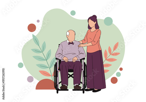 Female caregiver assisting an elderly man in a wheelchair, vector illustration