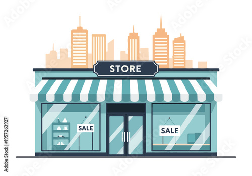 Modern Retail Storefront with Sale Signs and City Skyline Illustration