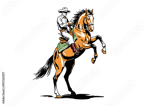 Cowboy on horse vintage artwork for t shirt. Western artwork for apparel, sticker and poster. Wild horse rider design. Rodeo life. Wild west vibes.