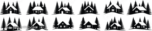 Winter cabin silhouettes set, forest house collection, pine tree landscape scenes, black vector cottages isolated for holiday design illustration