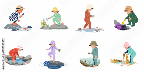 Illustrations of toddlers in sun-protective swimwear exploring tide pools and discovering diverse marine life including starfish, crabs, and seashells.