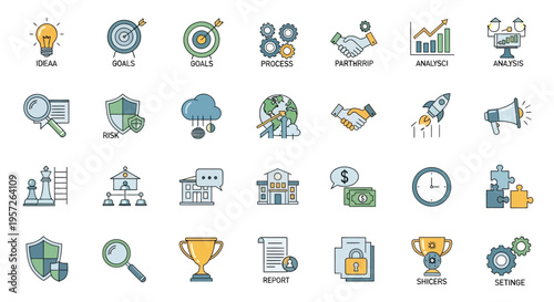 Business Icons Set: Strategy, Finance, Success, Teamwork, Innovation, Growth, Analysis