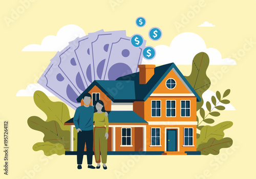 Couple with house and money symbolizing home ownership and financial goals