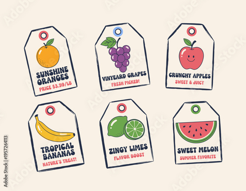 Fruit set design. Retro fruit label artwork. Organic vegan food. Local fruit market design. Fresh healthy food.
