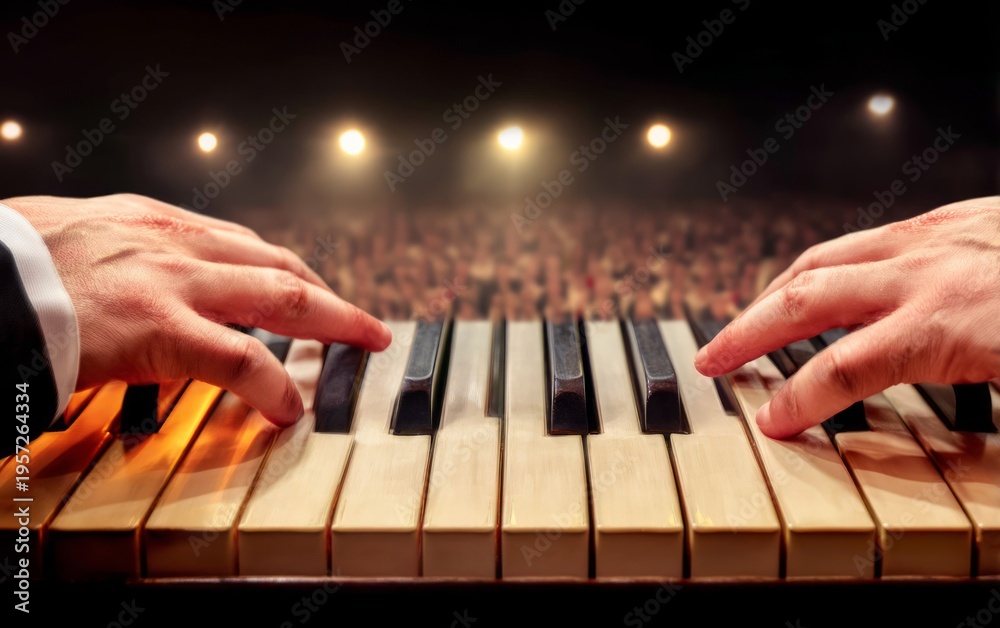 Fototapeta premium Pianist Hands Illuminated While Pressing Piano Keys on Stage