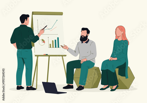 Business team collaborating during a data presentation with charts and graphs