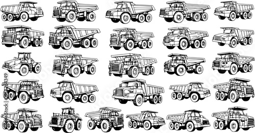 Detailed Line Art Collection of Dump Trucks: Black and White Vector Illustrations of Heavy Construction, Mining, and Earthmoving Vehicles