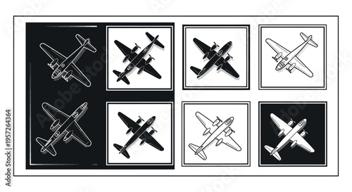 Retro Aircraft Silhouettes Set: Vintage Warplanes in Black and White