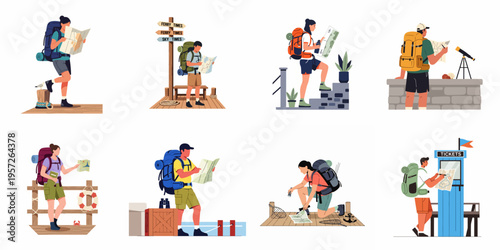 Set of flat illustrations featuring diverse backpackers and travelers navigating with maps in various outdoor, nautical, and transit settings for adventure travel concepts.